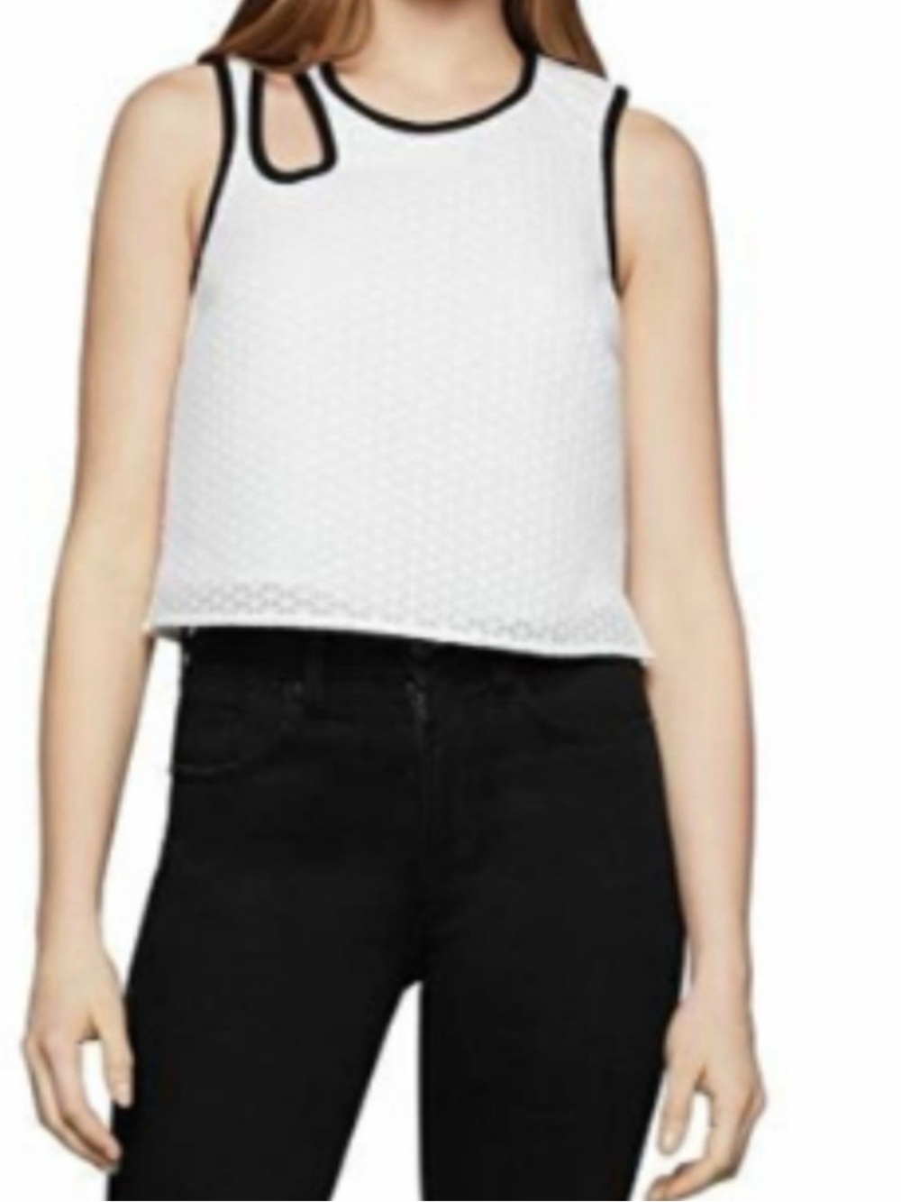 BCBGENERATION White Sleeveless Crop Top with Black Trim